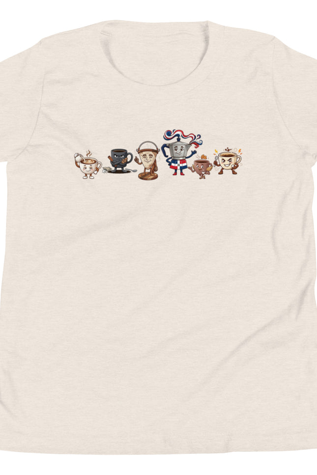 Heather dust youth t-shirt with all six La Pandilla del Cafe characters lined up across chest including Cafecito Greca Cafe con Leche Colador Cafe Amargo and Medio Pollo from Del Conuco