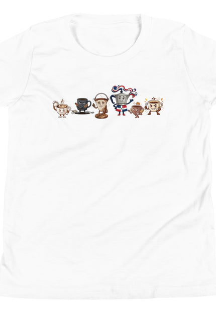 White youth t-shirt with all six La Pandilla del Cafe characters lined up across chest including Cafecito Greca Cafe con Leche Colador Cafe Amargo and Medio Pollo from Del Conuco