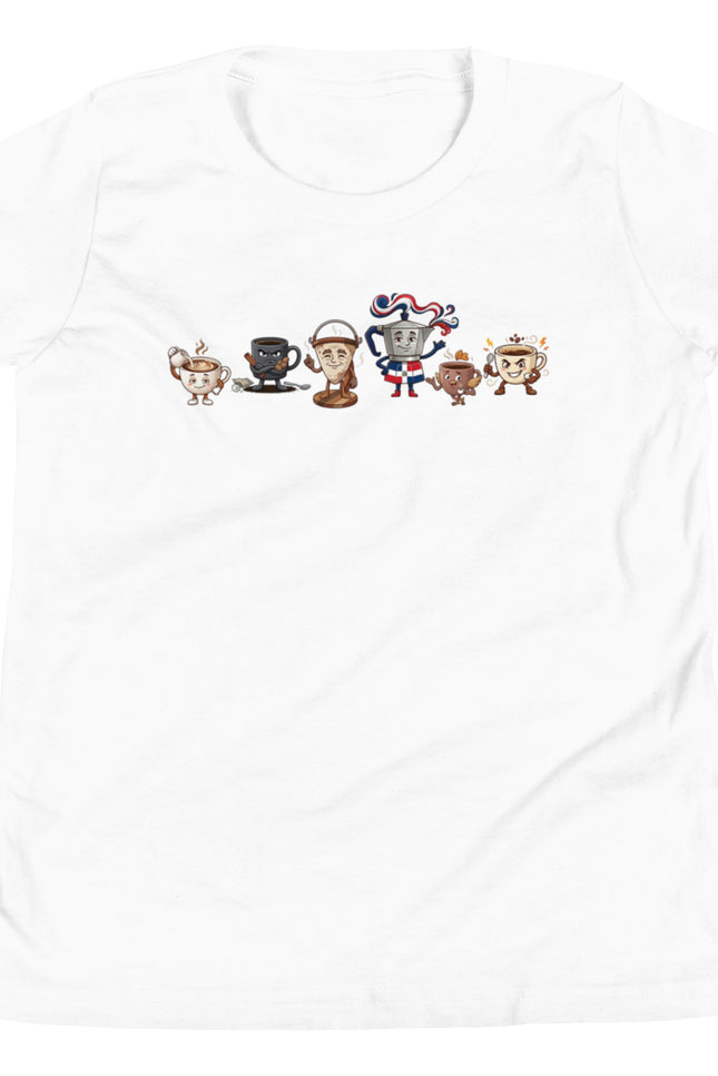 White youth t-shirt with all six La Pandilla del Cafe characters lined up across chest including Cafecito Greca Cafe con Leche Colador Cafe Amargo and Medio Pollo from Del Conuco