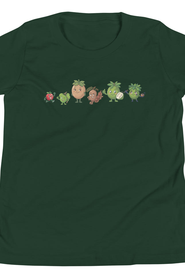 Forest green youth t-shirt with all six Las del Campo characters lined up across chest including Guanabana Tamarindo Limoncillo Cereza Nispero and Jagua from Del Conuco