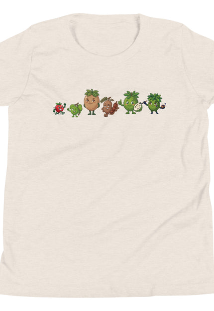 Heather dust youth t-shirt with all six Las del Campo characters lined up across chest including Guanabana Tamarindo Limoncillo Cereza Nispero and Jagua from Del Conuco
