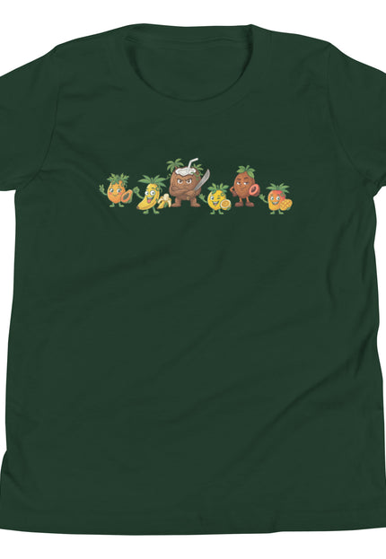 Forest green youth t-shirt with all six Las Tropicales characters lined up across chest including Chinola Mango Lechosa Guineo Zapote and Coco from Del Conuco