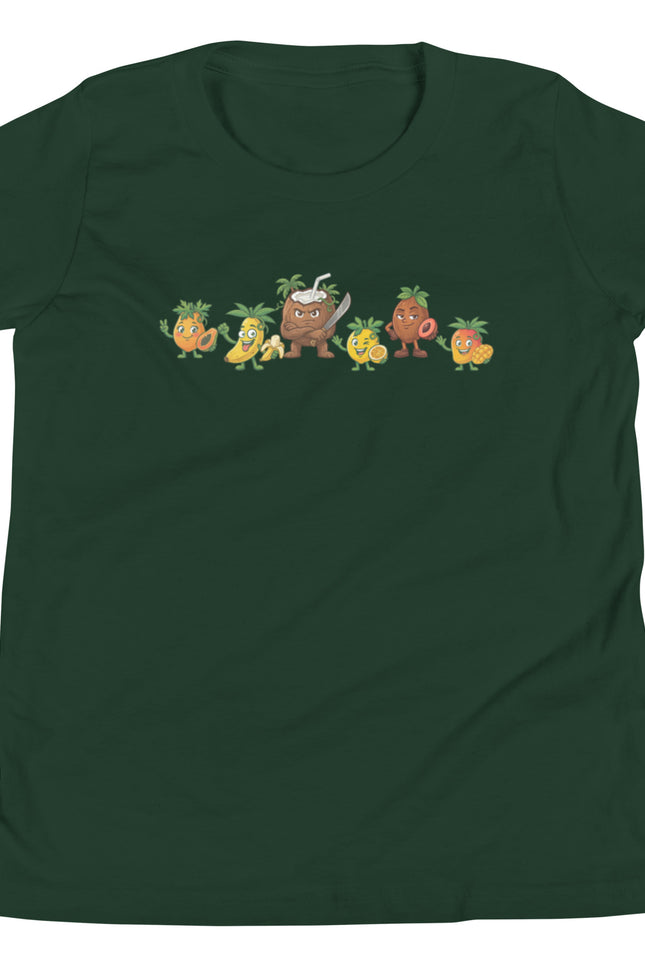Forest green youth t-shirt with all six Las Tropicales characters lined up across chest including Chinola Mango Lechosa Guineo Zapote and Coco from Del Conuco
