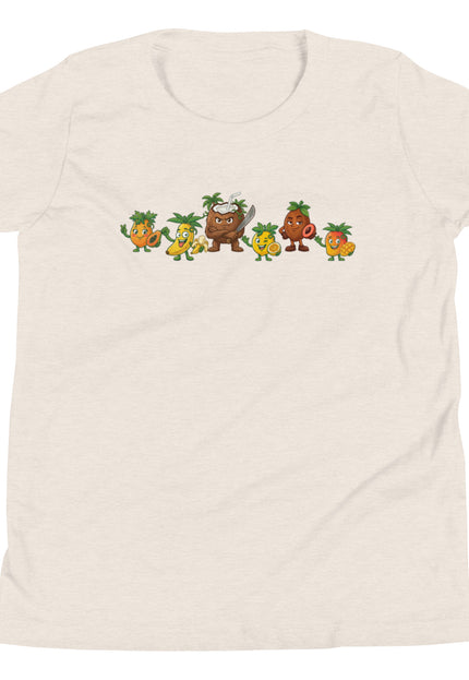 Heather dust youth t-shirt with all six Las Tropicales characters lined up across chest including Chinola Mango Lechosa Guineo Zapote and Coco from Del Conuco