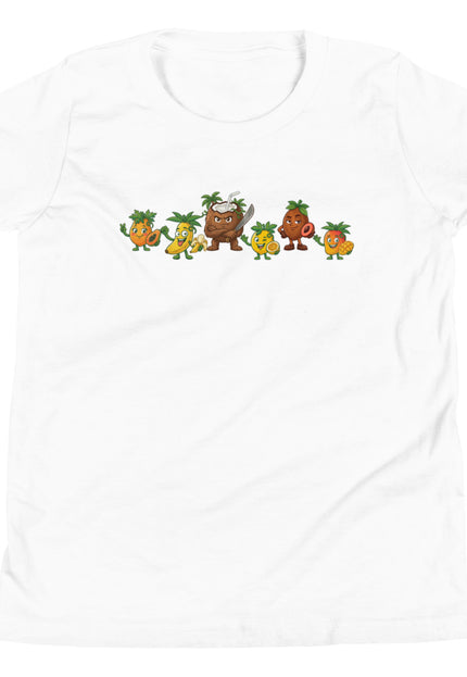 White youth t-shirt with all six Las Tropicales characters lined up across chest including Chinola Mango Lechosa Guineo Zapote and Coco from Del Conuco