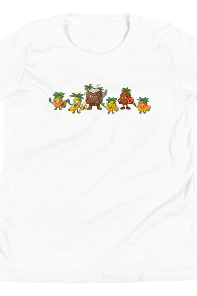 White youth t-shirt with all six Las Tropicales characters lined up across chest including Chinola Mango Lechosa Guineo Zapote and Coco from Del Conuco