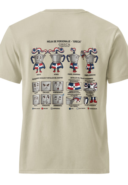 Greca stovetop moka pot character illustration on garment-dyed vintage t-shirt from Del Conuco

