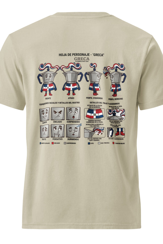 Greca stovetop moka pot character illustration on garment-dyed vintage t-shirt from Del Conuco
