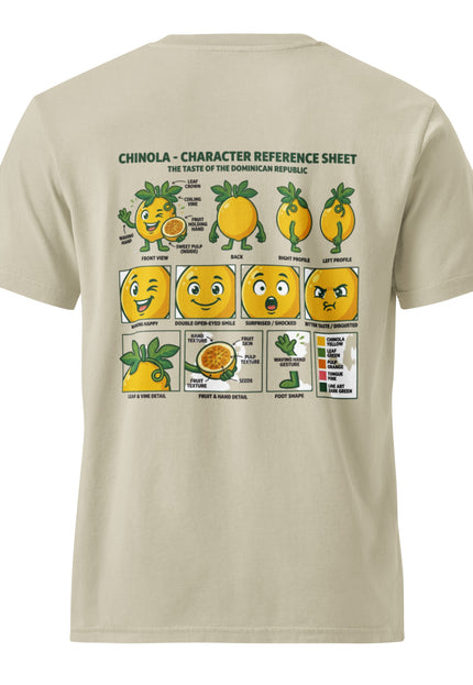 Chinola passion fruit character illustration on garment-dyed vintage t-shirt from Del Conuco