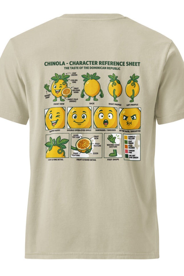 Chinola passion fruit character illustration on garment-dyed vintage t-shirt from Del Conuco