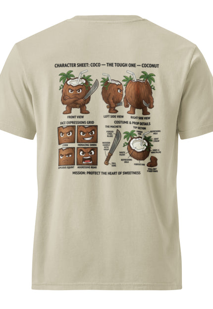 Coco coconut character illustration on garment-dyed vintage t-shirt from Del Conuco