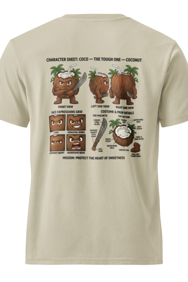 Coco coconut character illustration on garment-dyed vintage t-shirt from Del Conuco