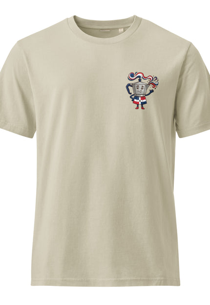 Greca stovetop moka pot character illustration on garment-dyed vintage t-shirt from Del Conuco
