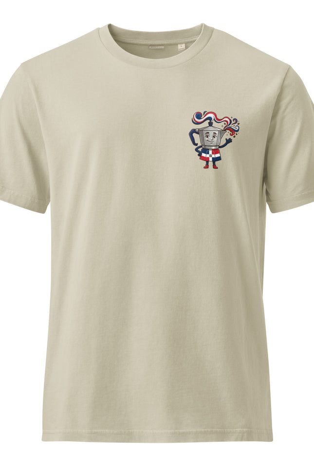 Greca stovetop moka pot character illustration on garment-dyed vintage t-shirt from Del Conuco
