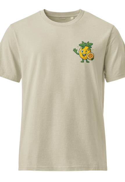 Chinola passion fruit character illustration on garment-dyed vintage t-shirt from Del Conuco