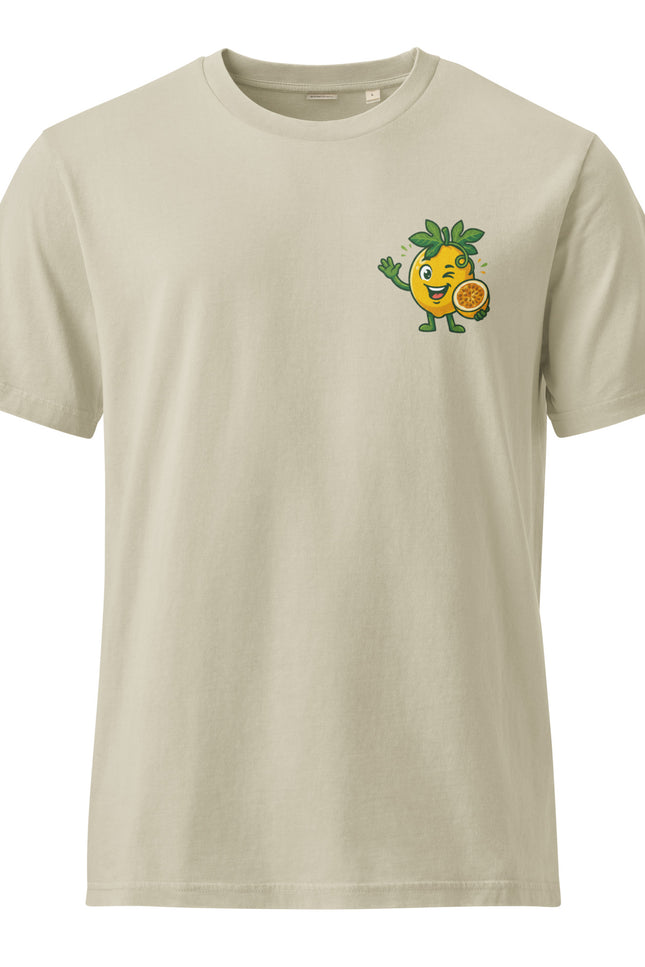 Chinola passion fruit character illustration on garment-dyed vintage t-shirt from Del Conuco
