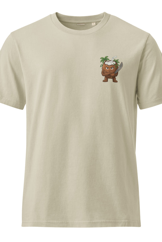 Coco coconut character illustration on garment-dyed vintage t-shirt from Del Conuco