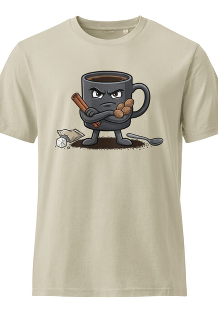  Cafe Amargo black coffee character illustration on garment-dyed vintage t-shirt from Del Conuco
