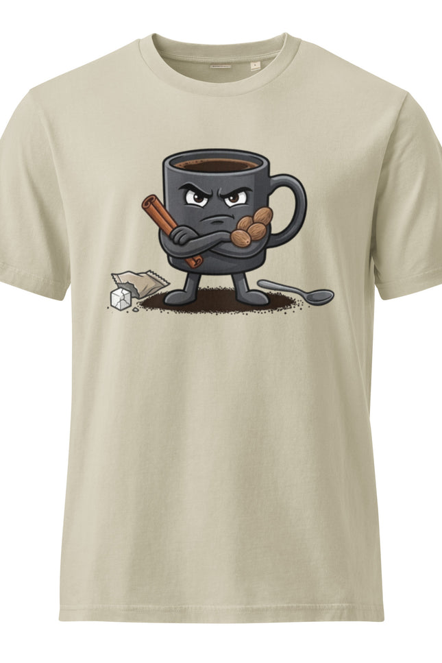  Cafe Amargo black coffee character illustration on garment-dyed vintage t-shirt from Del Conuco
