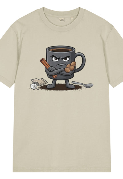  Cafe Amargo black coffee character illustration on garment-dyed vintage t-shirt from Del Conuco
