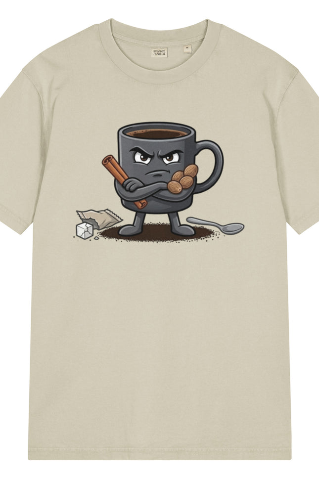 Cafe Amargo black coffee character illustration on garment-dyed vintage t-shirt from Del Conuco
