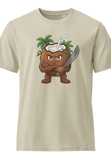 Coco coconut character illustration on garment-dyed vintage t-shirt from Del Conuco
