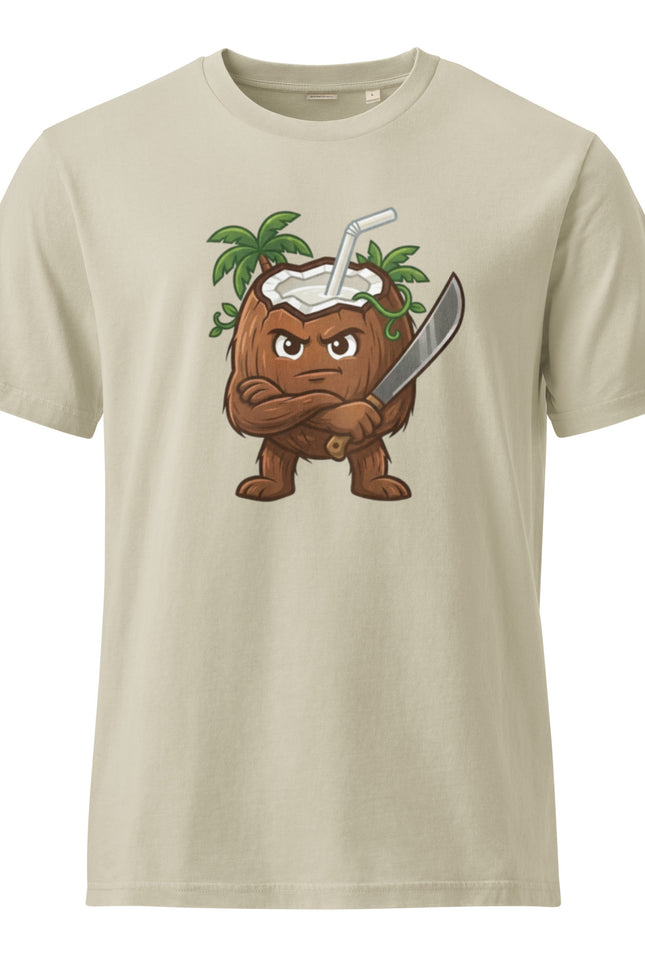 Coco coconut character illustration on garment-dyed vintage t-shirt from Del Conuco
